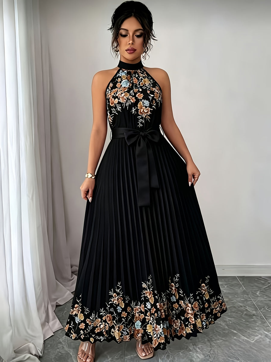 Women'S Floral Print Pleated Flared Maxi Dress with Tie Waist, Wedding Evening Party Formal Gown, Date Vacation Dress - Black