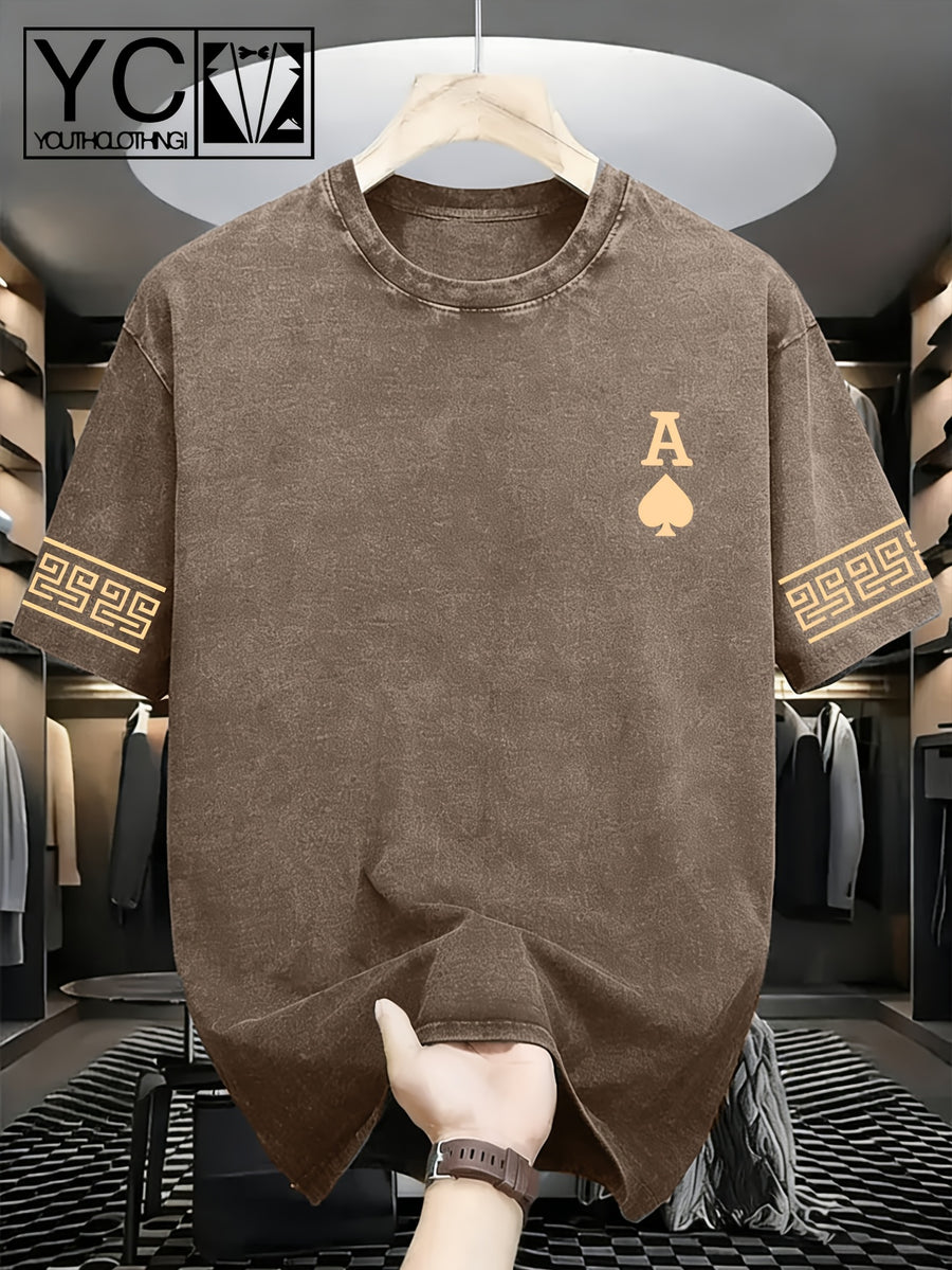 Men'S Short-Sleeve T-Shirt with Trendy Greek Key Pattern Print on Cuffs And Distressed Wash End; Machine-Washable, Loose-Fit Crewneck Top with Textured Washed Look - Coffee Color 3