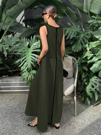 [Size for Regular Fit] Women's Simple Vacation Loose-Fit Comfortable Color-Block Contrast Trim Long Tank Dress - Tactical Green
