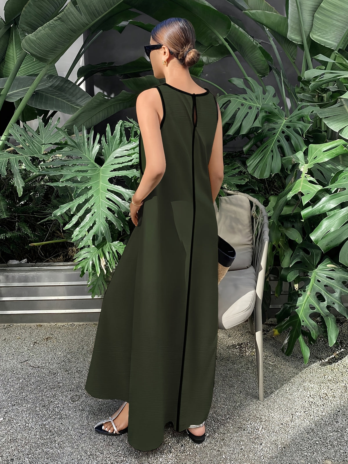 [Size for Regular Fit] Women's Simple Vacation Loose-Fit Comfortable Color-Block Contrast Trim Long Tank Dress - Tactical Green