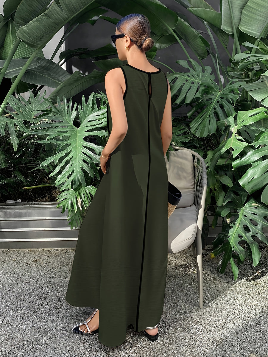 [Size for Regular Fit] Women's Simple Vacation Loose-Fit Comfortable Color-Block Contrast Trim Long Tank Dress - Tactical Green