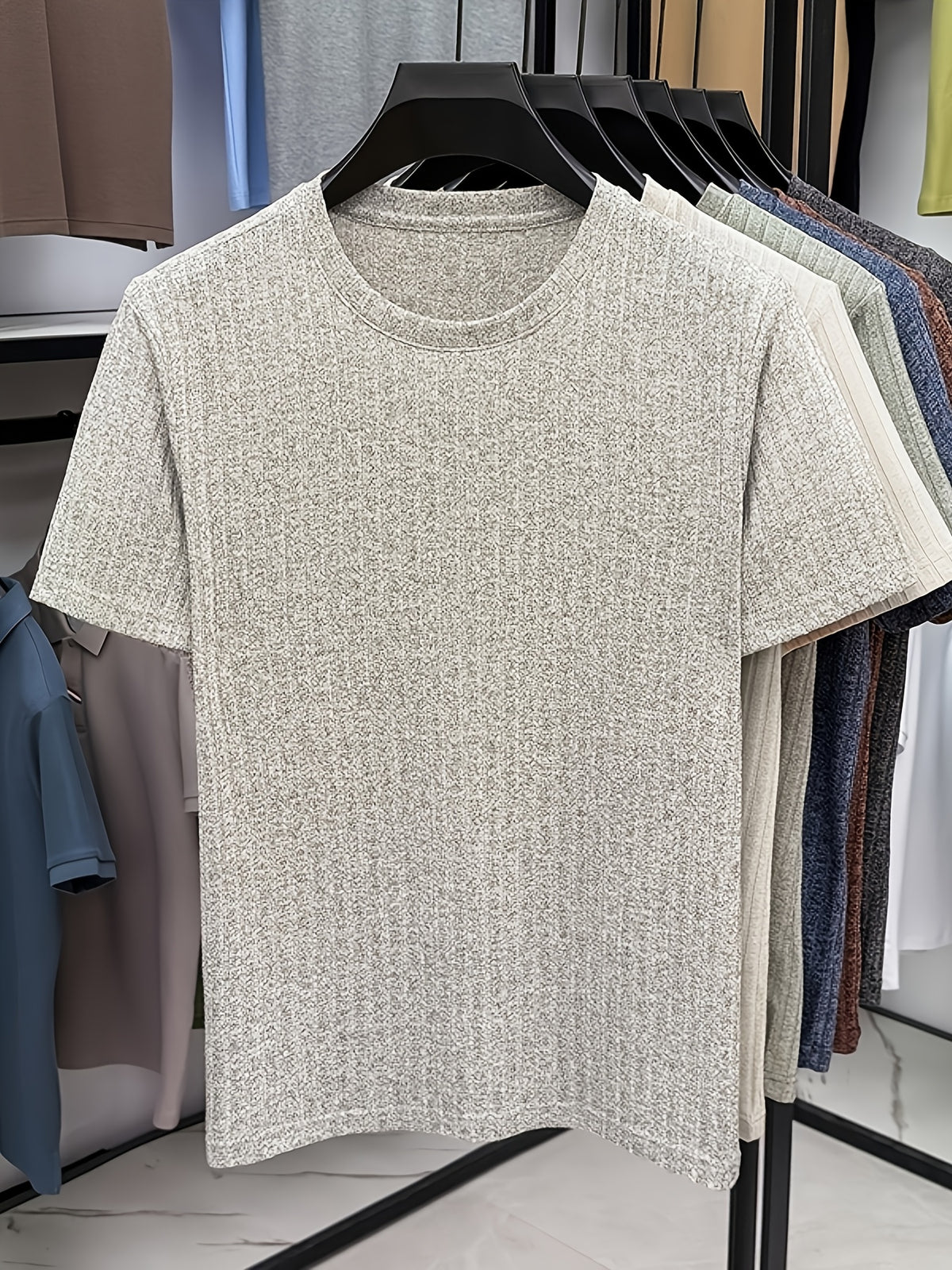 Men'S Round Neck Vertical Ribbed Knit T-Shirt, Summer Breathable Commuter Business Style, Casual Versatile Short Sleeve Top, Basic Round Neck Design, Neat Stitching, Contouring Neckline, Unrestrictive for Daily Activities - Ash