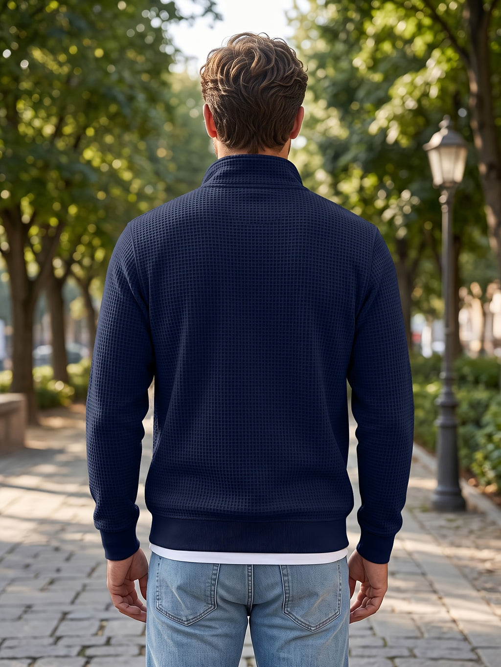 Men's Casual Half-Zip Sweatshirt, Waffle Knit Fabric, Comfortable and Breathable, Versatile for Spring and Autumn, Suitable for Outings and Vacations, an Essential for Daily Wear - Navy Color
