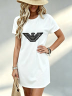 Printed Design Not Textured, Casual Ladies Dress, Eagle Graphic Print, Summer Beach Outing, Gift for Girlfriend, 100 Percent Polyester - White