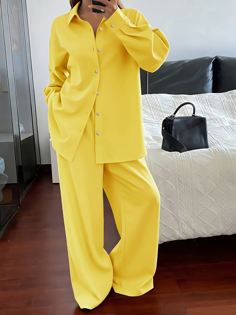Women'S Spring Autumn Elegant Casual Loose Comfortable Solid Color Shirt Top And Straight Long Pants 2pcs Set - Golden