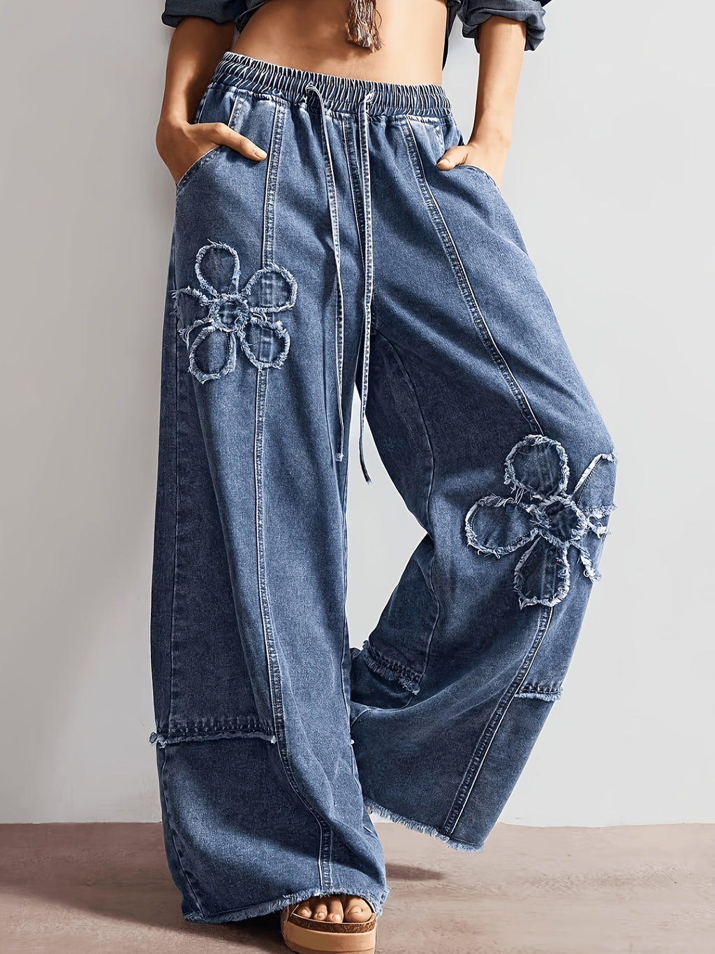 Women'S 3D Floral Wide-Leg Jeans, Elastic Waist Frayed Casual Trousers, Relaxed Tall-Looking Denim - Deep Blue