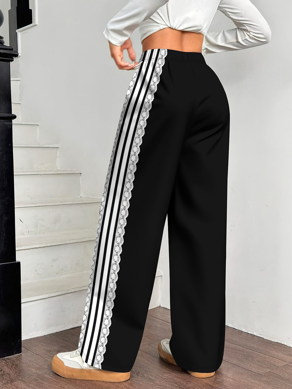 Women's Pants for Spring, Summer, and Autumn, Straight-Leg Trousers, Vintage Color-Block Lace Stripe Print Loose Wide-Leg Pants, Casual Style - Black