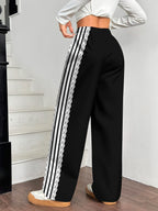 Women's Pants for Spring, Summer, and Autumn, Straight-Leg Trousers, Vintage Color-Block Lace Stripe Print Loose Wide-Leg Pants, Casual Style - Black