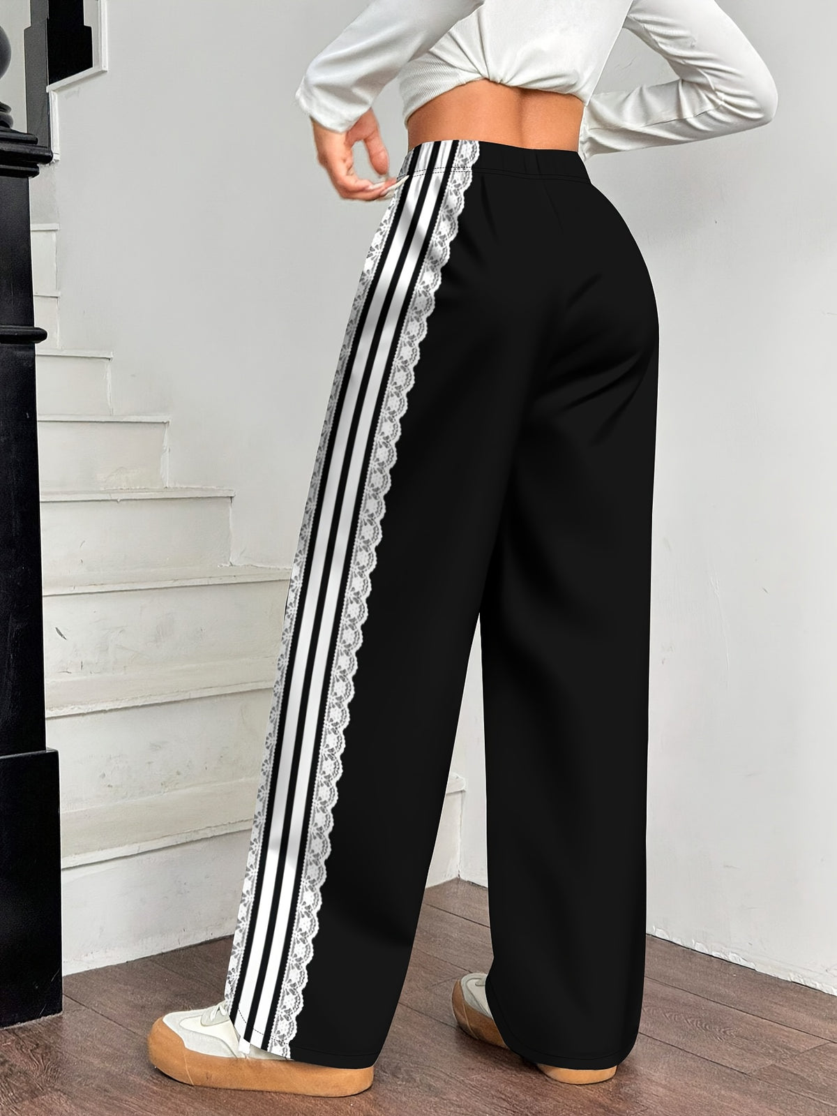 Women's Pants for Spring, Summer, and Autumn, Straight-Leg Trousers, Vintage Color-Block Lace Stripe Print Loose Wide-Leg Pants, Casual Style - Black