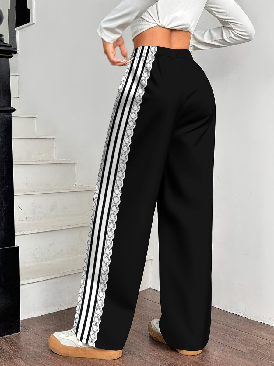 Women's Pants for Spring, Summer, and Autumn, Straight-Leg Trousers, Vintage Color-Block Lace Stripe Print Loose Wide-Leg Pants, Casual Style - Black