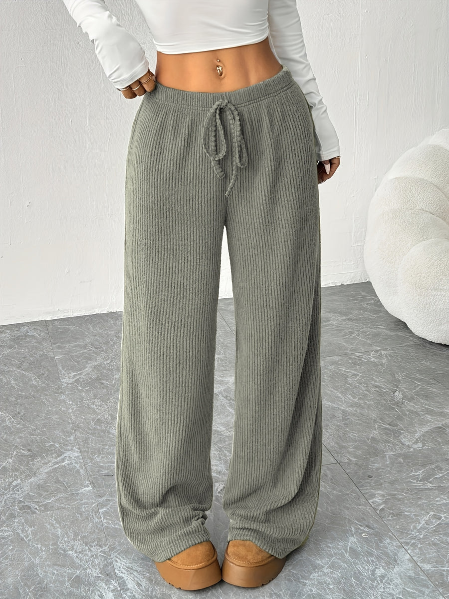 Women's Solid Color Straight Leg Loose Casual Sports Pants, New Style Ribbed Long Pants for Morning/Evening Run, Outing, Home, Perfect Choice for All Seasons, Machine Washable - Olive Green