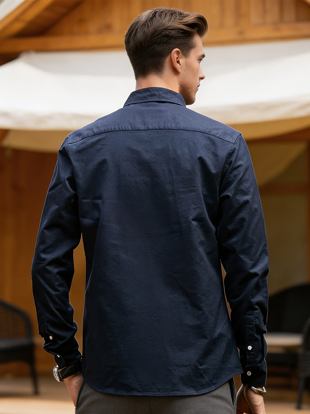 Spring/Autumn Men'S Oxford Cloth Collared Shirt, Individual Chest Print Long Sleeve Blouse, Slimming Outdoor Casual Top, Youth Versatile Commute Light Business Men'S Basic Shirt - Dark Blue