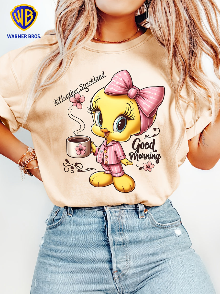 Women'S Elegant Short Sleeve, Cui Di Good Morning Morning Coffee Style Print, Soft Stretch Round Neck Casual Retro Style Top, Warner Bros. Licensed, Suitable for Spring Summer Autumn Daily And Vacation Wear, S-XXL Size - Apricot