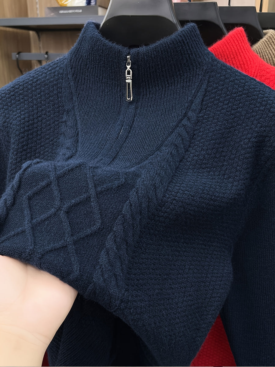 Men'S Thickened Semi-Open Zipper Stand Collar Knit Sweater, Ribbed Cuffs And Hem, Autumn/Winter Style, Single Wear And Layering, Light Mature Business Casual Style - Navy Color