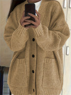Casual V-Neck Single-Breasted Sweater Coat for Women with Double Pockets, Autumn and Winter Cardigan - Yellowish-brown
