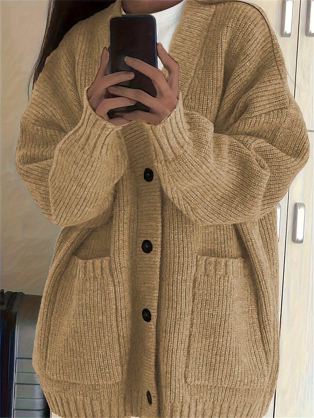 Casual V-Neck Single-Breasted Sweater Coat for Women with Double Pockets, Autumn and Winter Cardigan - Yellowish-brown