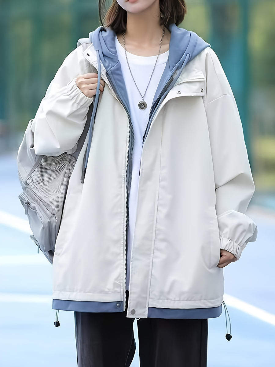 New Women's Casual 2-in-1 Look Workwear Trench Coat, Loose American-Style Hooded Jacket Outerwear Top - Milky