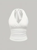 Women's Solid Color Tie-Back Vest Neck Casual Top - White