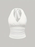 Women's Solid Color Tie-Back Vest Neck Casual Top - White