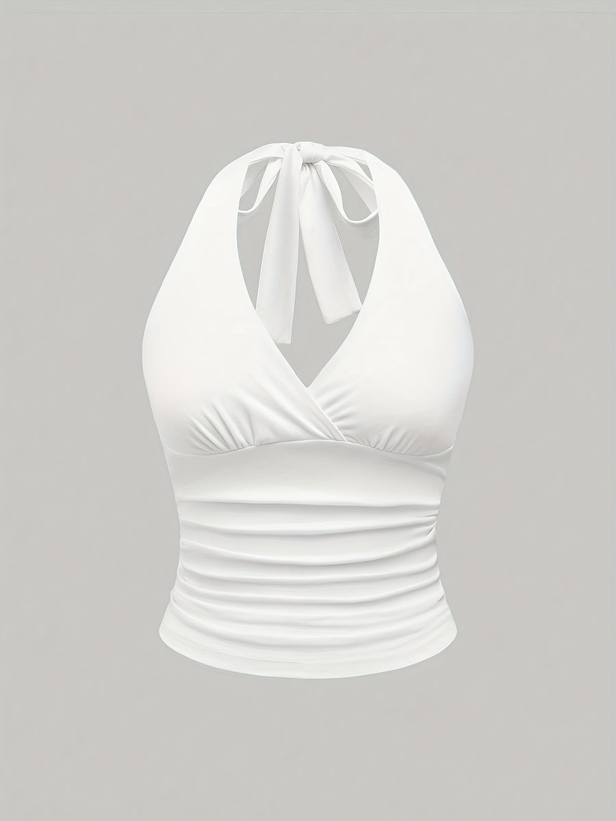 Women's Solid Color Tie-Back Vest Neck Casual Top - White