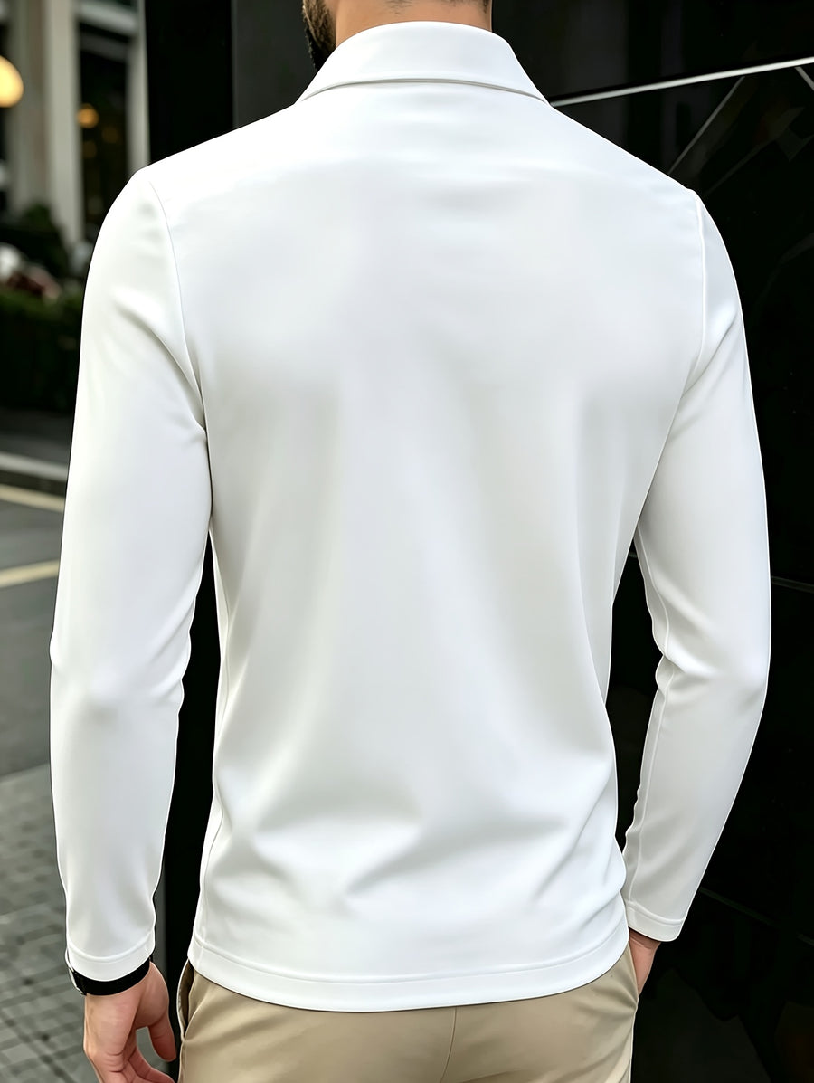 Men's Polo Shirt with Half-Zip, Long Sleeves, Collared, Slim Fit, Solid Color Base Layer for Spring/Autumn, Casual and Stylish - White