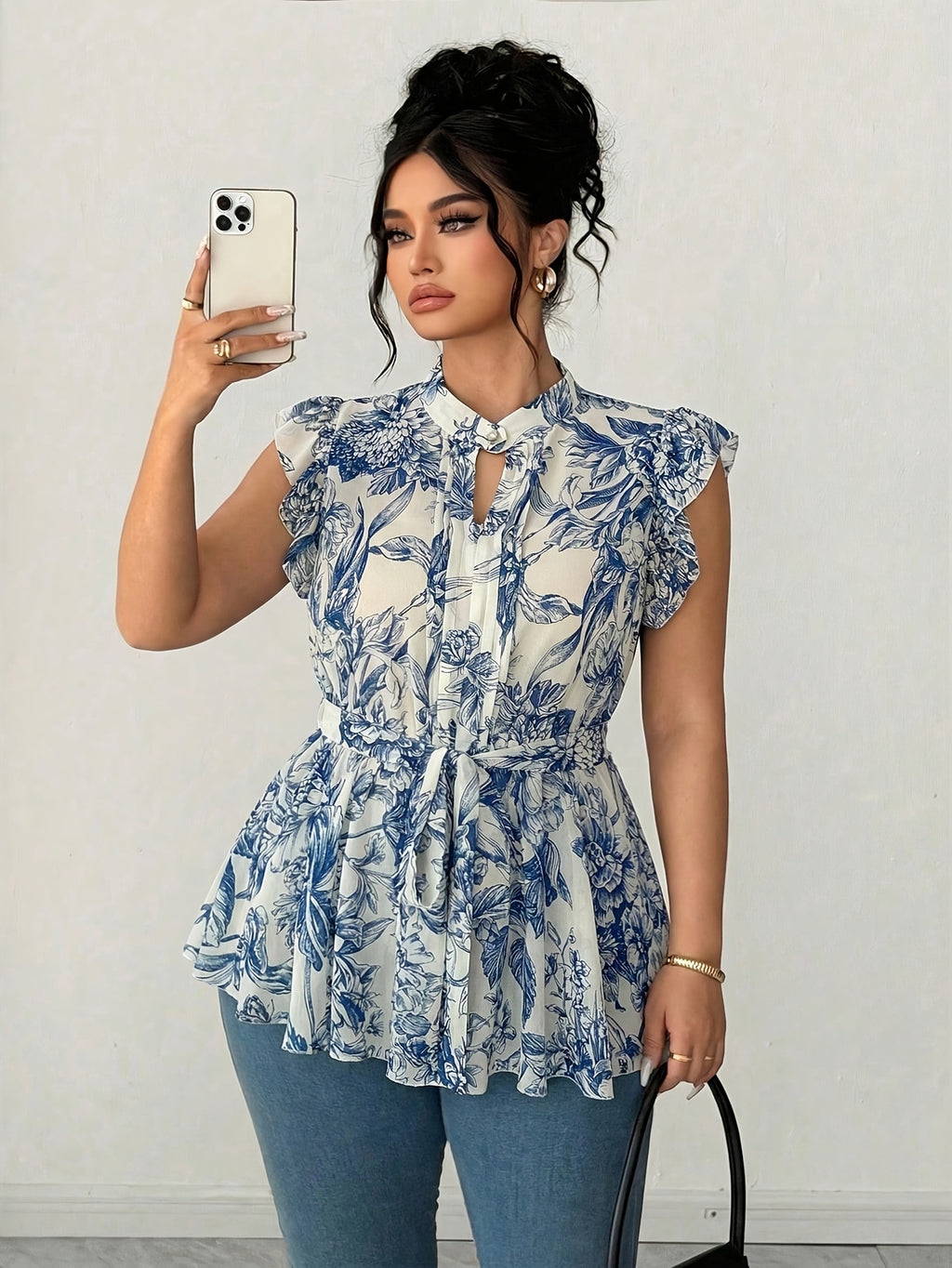 Women'S New Fashion Blue Printed Summer Elegant Blouse with Tie-Front Ruffles And Buttons - Blue
