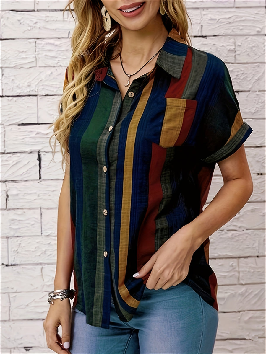 Elegant Women's V-Neck Striped Shirt with Chest Pockets - Multi-Color Horizontal Stripes, Button-Up Blouse, Machine Washable, All-Season Versatile Top for Casual & Professional Wear - Multicolor