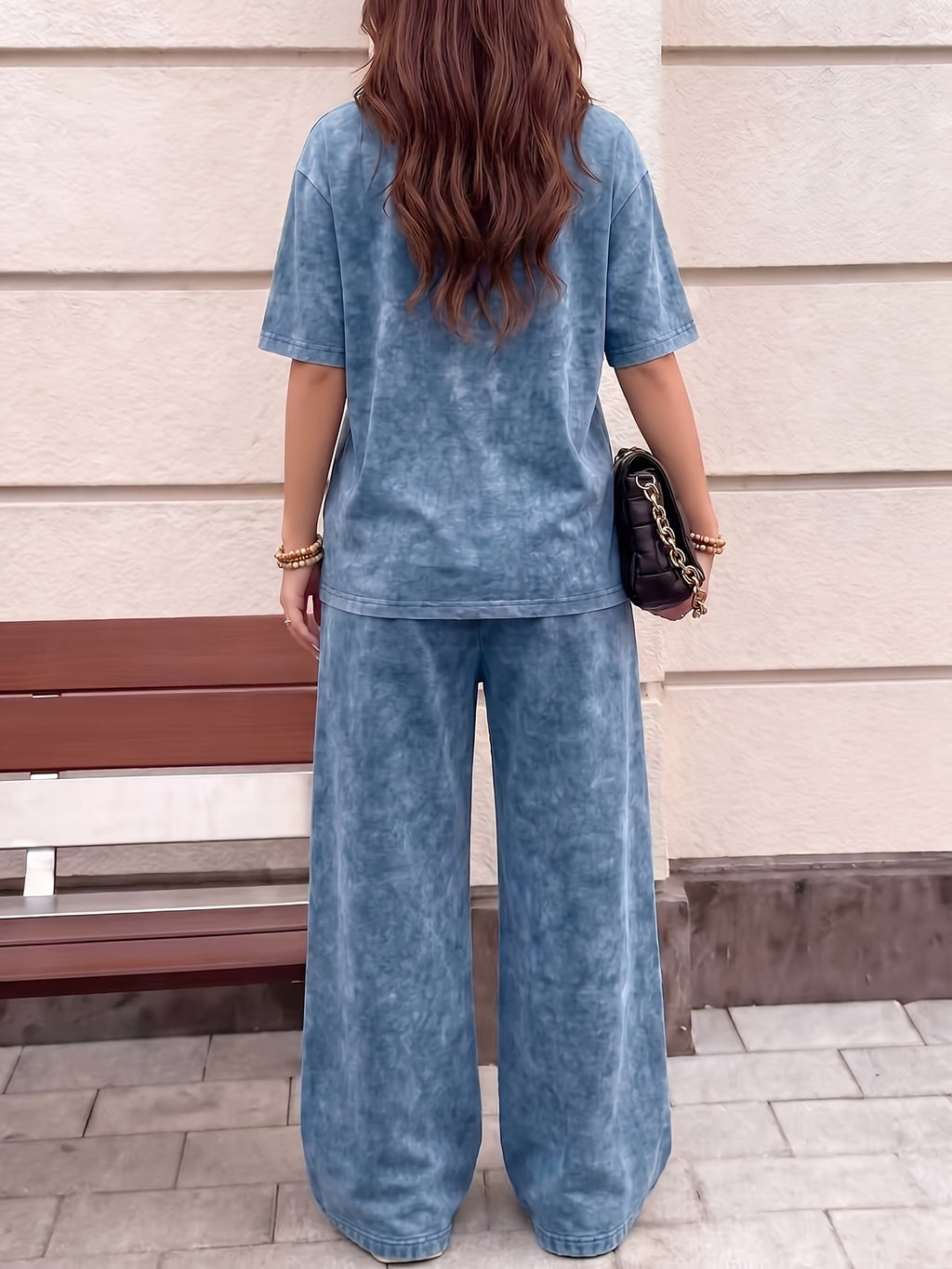 American Racing Style Los Angeles 79 Letter Graphic Print, Women's 2pcs Set, Vintage Washed Loose Fit Casual Crew Neck Short Sleeve T-Shirt + Elastic Waist Drawstring Vintage Washed Casual Sport Long Pants, Women's 2pcs Outfit - Navy Blue+Navy Blue
