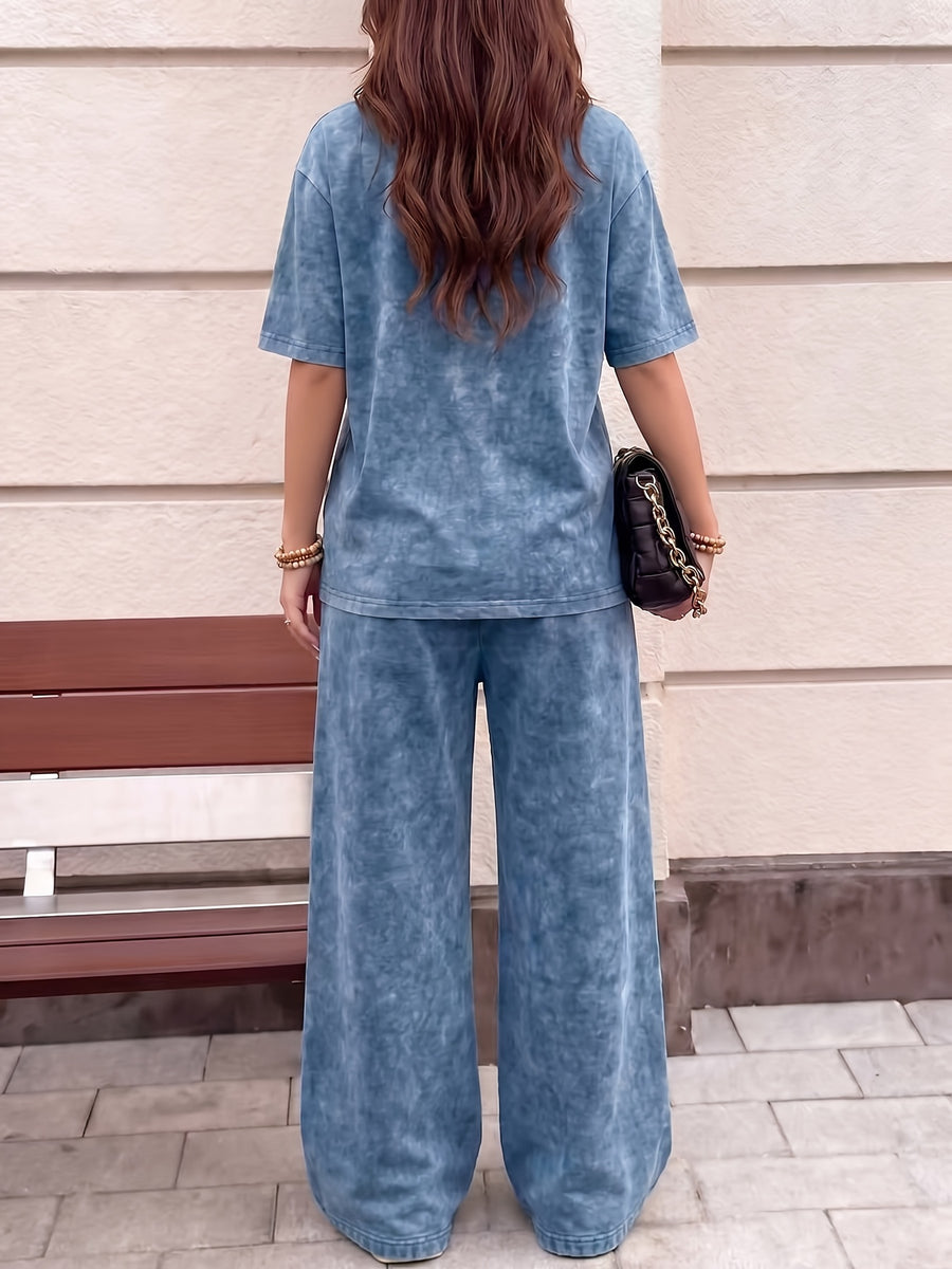 Easy Style Heartbeat Line Heart EKG Pattern Print, Women'S 2Pcss Set, Women'S Retro Washed Fabric Loose Casual Round Neck Short Sleeve T-Shirt And Elastic Waist Drawstring Retro Washed Casual Athletic Long Pants Women'S 2Pcss Set - Navy Blue+Navy Blue