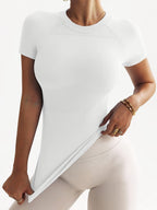 Solid Color Women'S Casual Sports T-Shirt, Slim Fit Versatile Workout Top, Soft And Comfortable Stretchy Breathable Yoga Short Sleeves, Women'S Sportswear - White