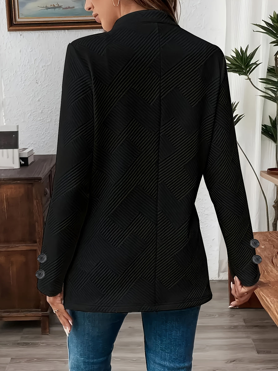 New Fashionable Solid Color Textured Double-button Decorative Pocket Long-sleeve Coat - Black