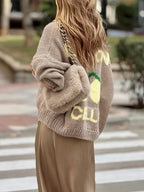 Women'S Fashion Casual Long Sleeve Button-Up Cardigan, Soft Comfortable Loose Lantern Sleeve Lemon Sweater - Khaki
