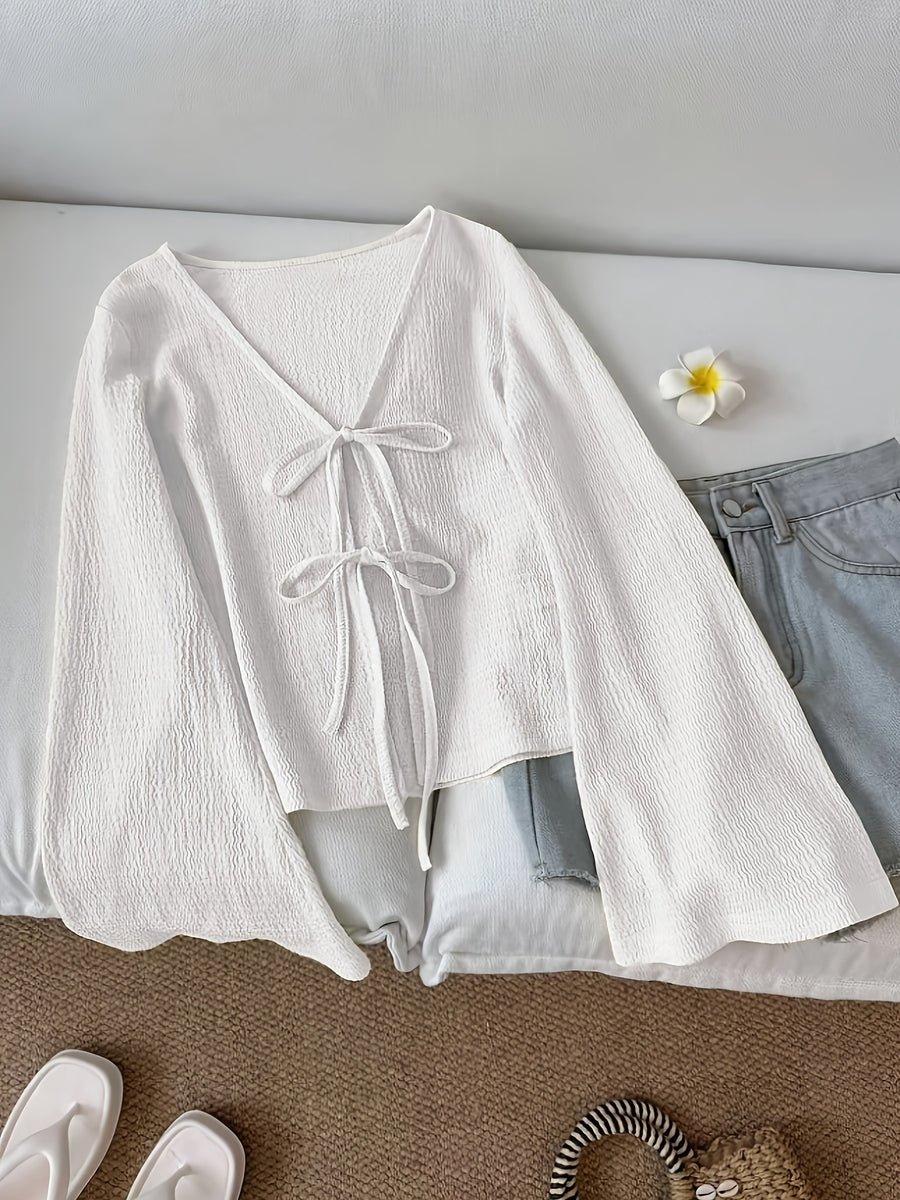 Solid Color Front-Tie Bow Open-Front Fashion Flared Sleeve Blouse New Women'S Short Top - White