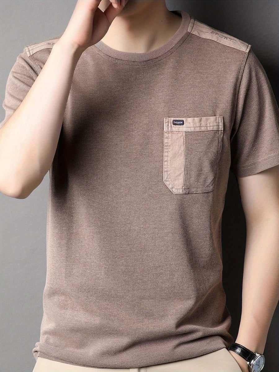 Men's Round Neck Short Sleeve with Shoulder Embroidery, Practical Chest Pocket in Waffle Breathable Fabric and Washed Distressed Finish - Coffee Color