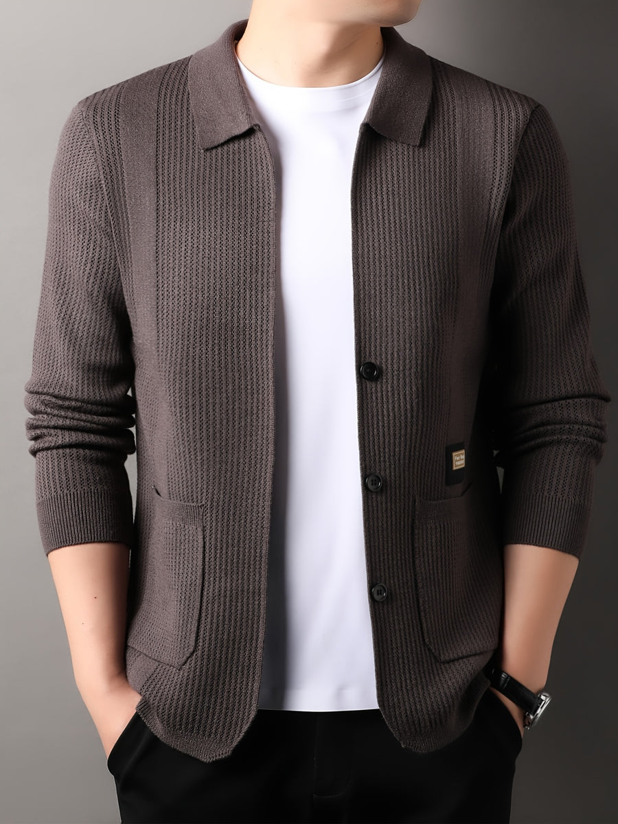 Du Jing Lan OBM Spring/Summer New Arrival Men's Knitted Cardigan, Old Money Style Solid Color Lapel Long Sleeve Open Front Knit Cardigan, Men's Business Casual Fashion Single-Breasted Ribbed Sweater Jacket with Side Pockets, Suitable for Layering - Coffee Color