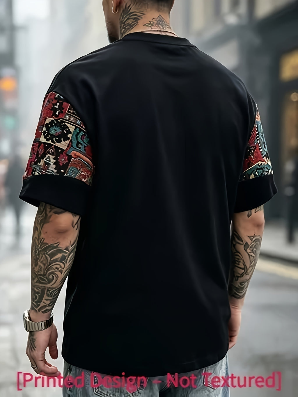 Men's Plus Size Ethnic Print T-Shirt - Crew Neck Short Sleeve Athletic Shirt Suitable for Jogging, Gym & Casual Wear, Breathable Regular Fit for Daily Sports & Outdoor Activities, Machine Washable - Black