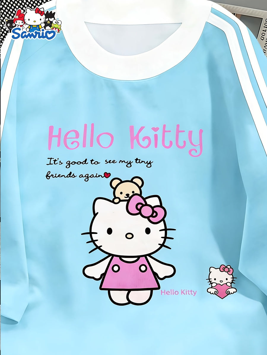 Sanrio Hello Kitty Cartoon Pattern Casual Fashion T-shirt from Sanrio, Black Contrasting Design, Round Neck Short Sleeved Shirt, Cute T-shirt, Perfect for Spring and Summer Casual Wear and Holiday Gifts - Powder blue