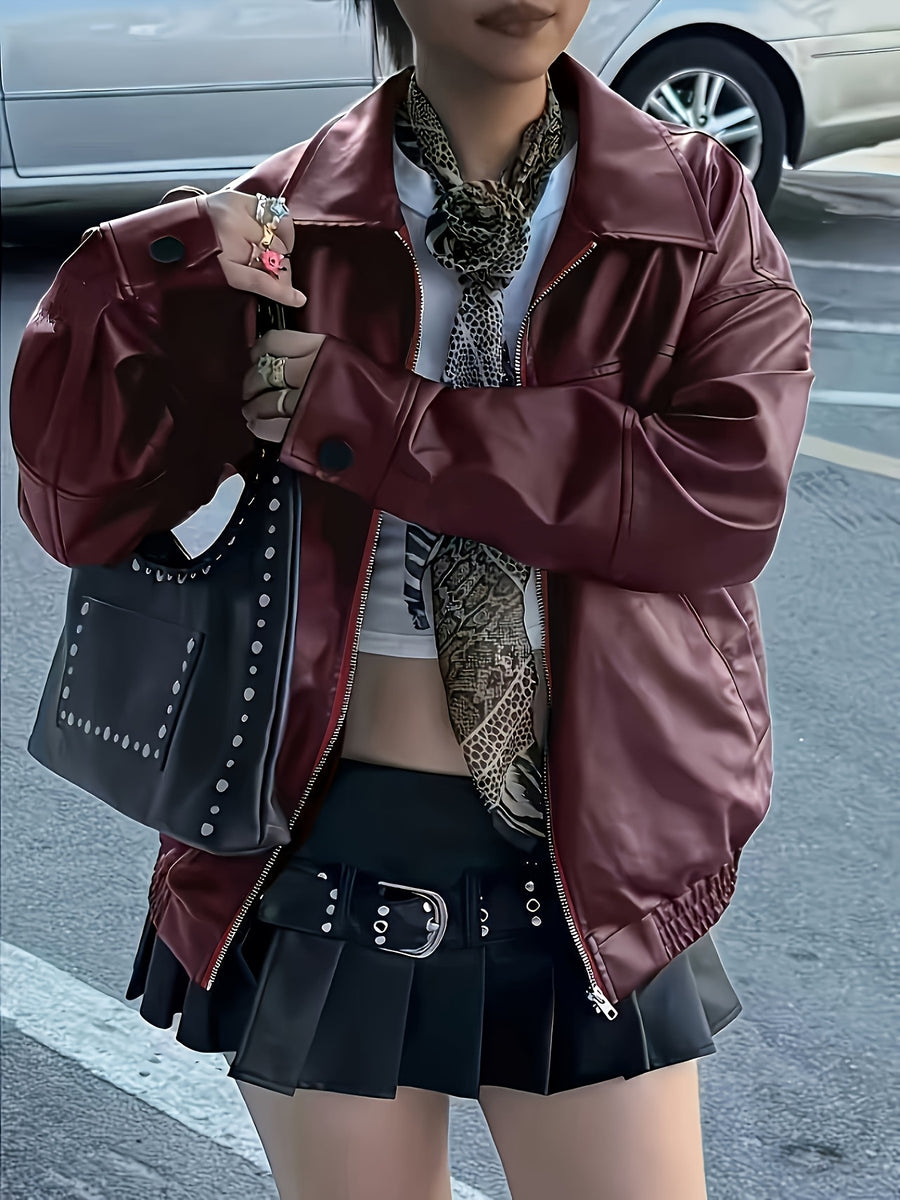 Women'S Avant-Garde Casual Lapel Loose Long-Sleeve Faux Leather Jacket - Burgundy