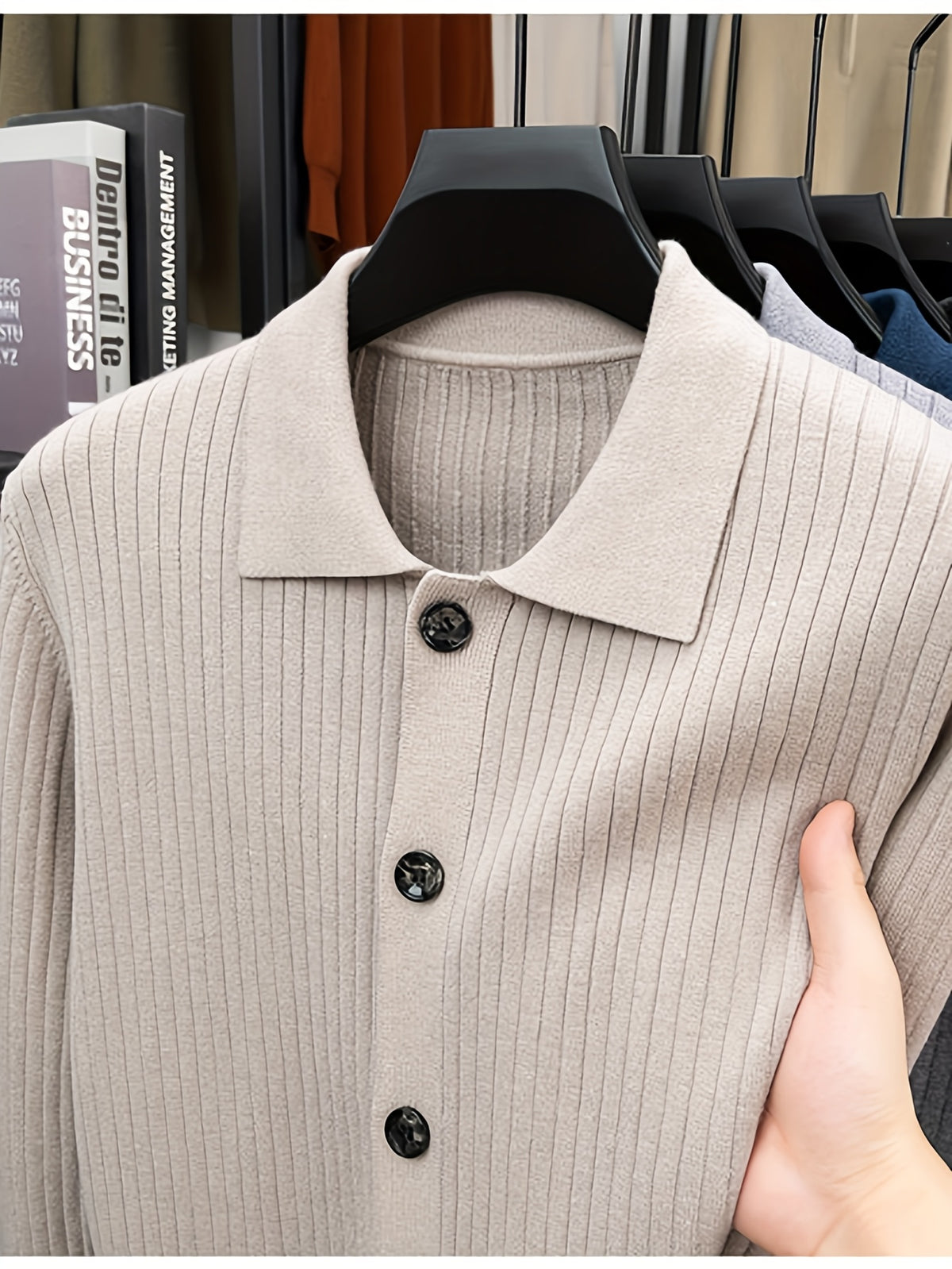 [Starry Prosperity] Autumn Winter Men'S Knit Solid Color Ribbed Open Cardigan Long Sleeve Casual Vertical Striped Lapel Sweater Jacket - Beige Color