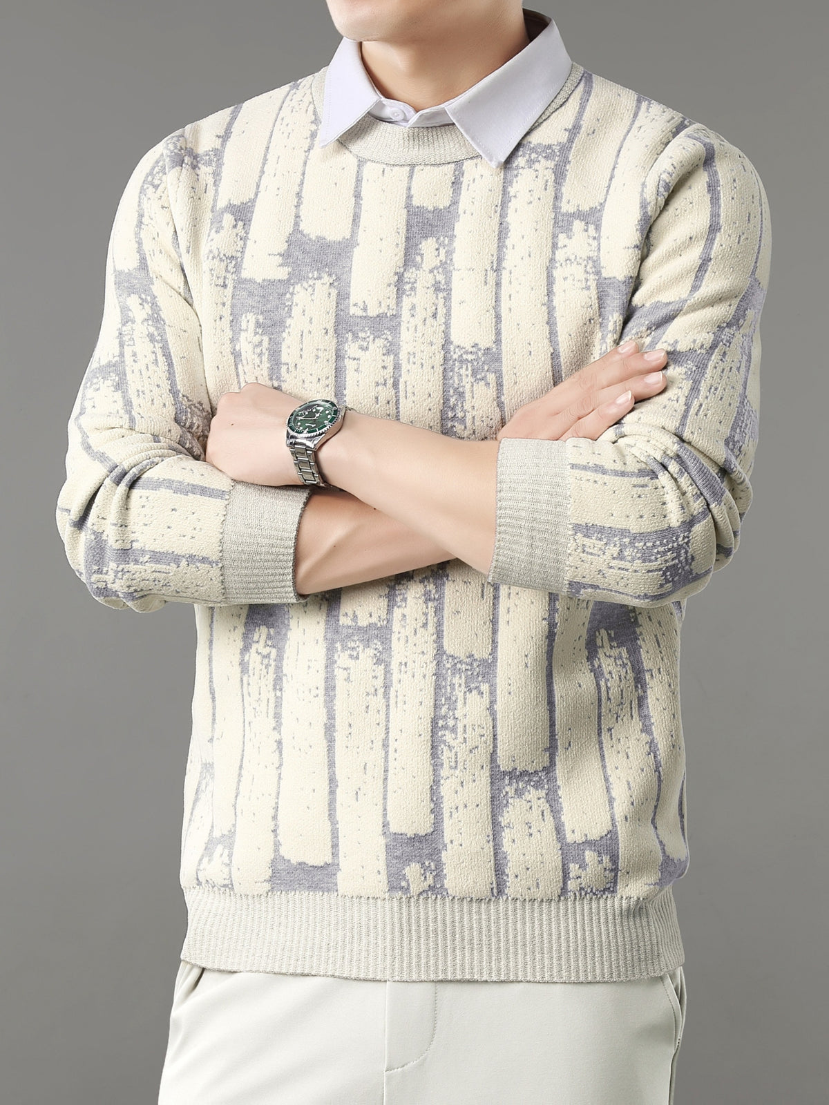 New High-End Men's Crew Neck Thickened Trendy Fashion Men's Autumn/Winter Warm Casual Base Layer Knit Sweater Valentine's Day Gift - Off-white
