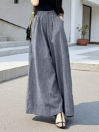 Women'S Spring And Summer Fine Checkered Wide-Leg Pants, Elastic Waist High Waist Drape, And Casual Floor-Length Trousers - Blue