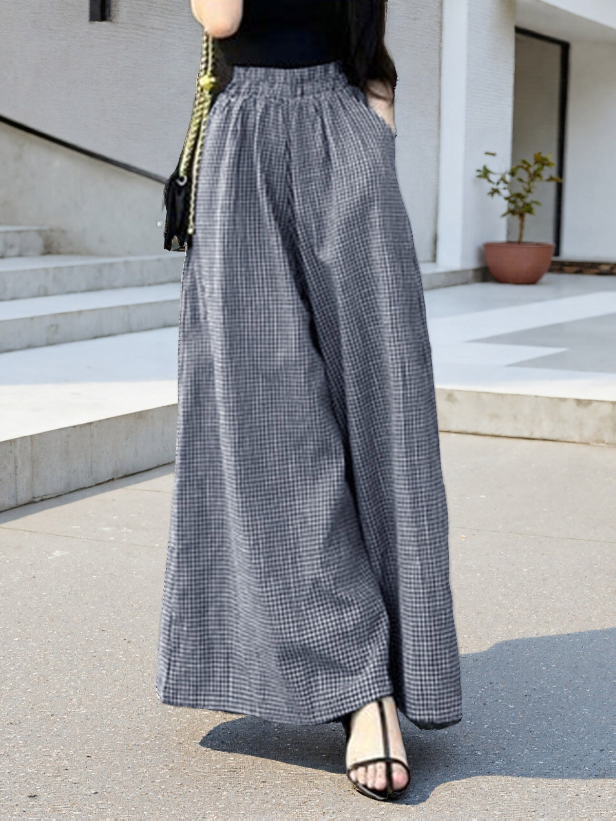 Women'S Spring And Summer Fine Checkered Wide-Leg Pants, Elastic Waist High Waist Drape, And Casual Floor-Length Trousers - Blue