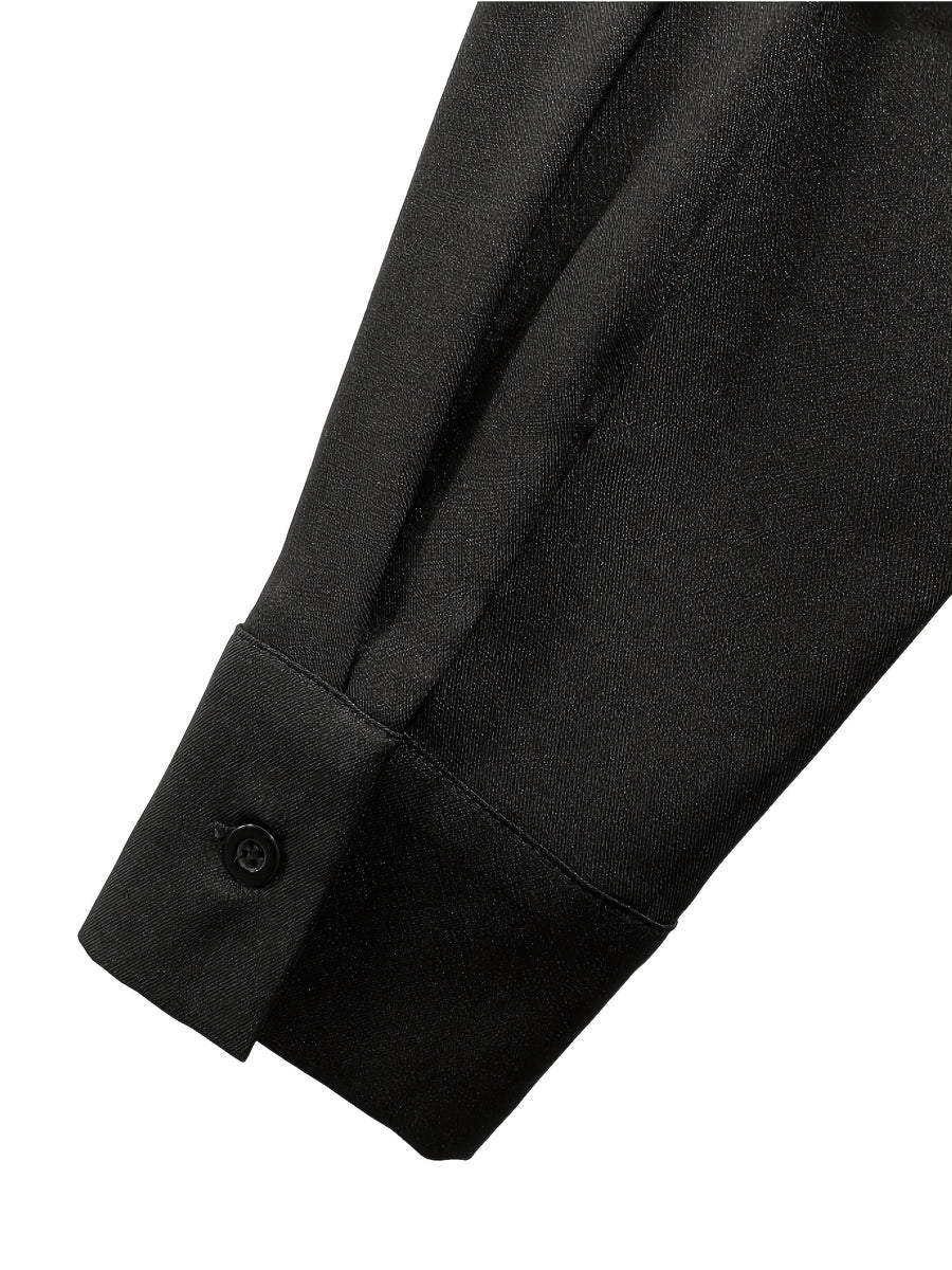 Elegant Exquisite Black Lapel Long Sleeve Shirt Dress, Waist Drawstring Back Hem Design, Wrap Metal Button A-Line Midi Skirt, Fashion Business Banquet Daily Versatile Temperament Shirt Long Dress - Black