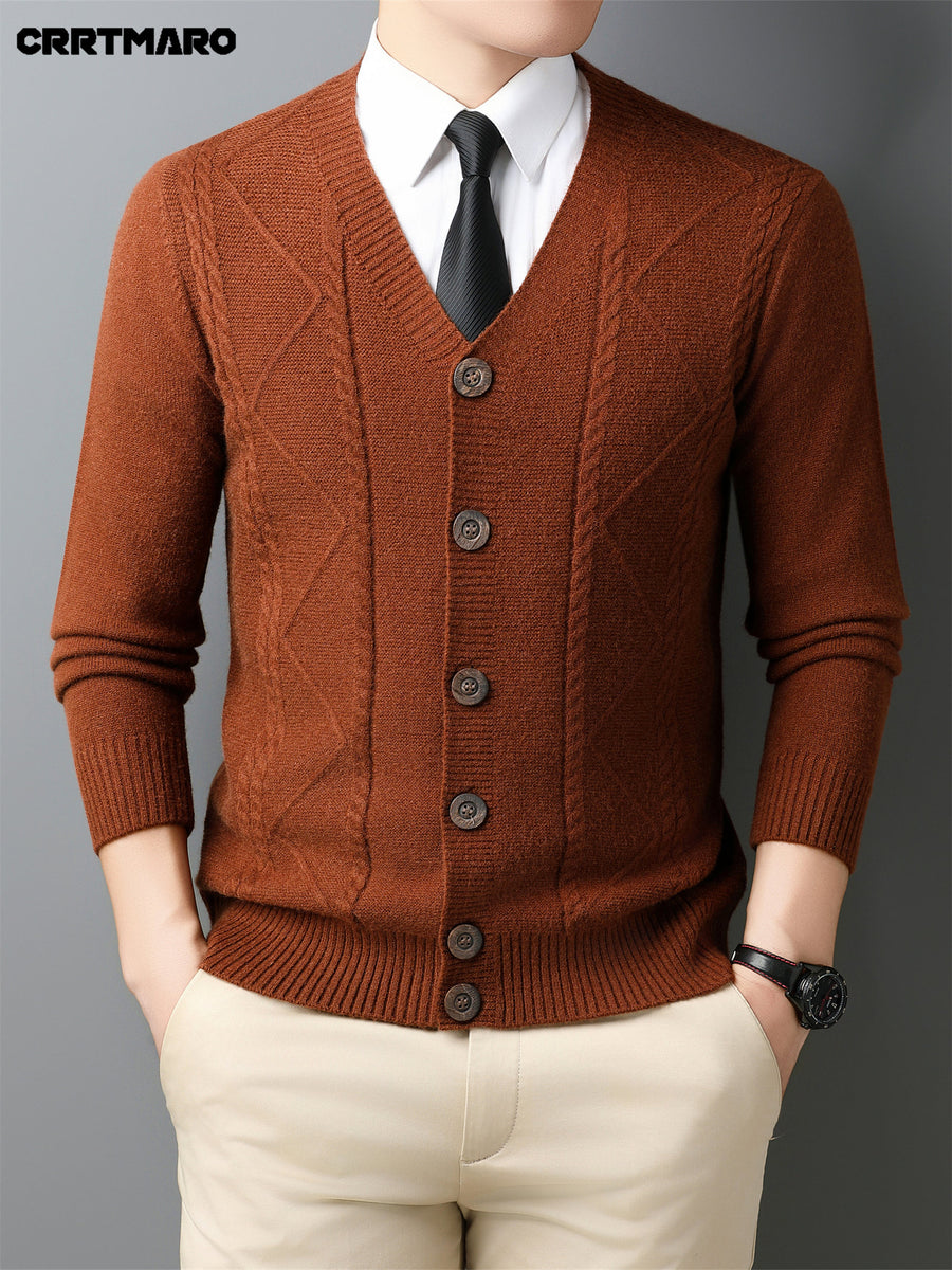 Men'S Wool Blend, Thick Knit Cardigan, Warm Casual Layering Top for Fall And Winter - Red Coffee
