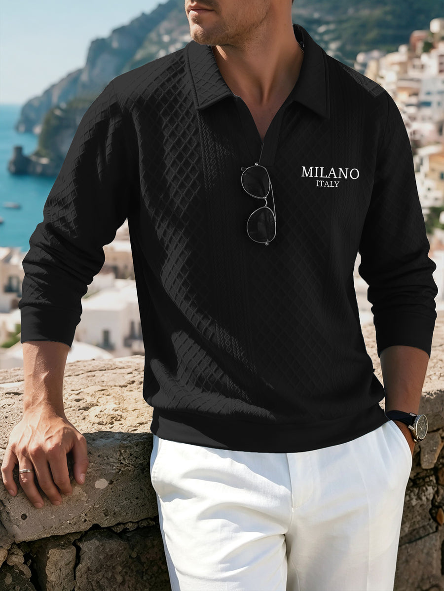 Spring And Autumn Men'S Textured Long Sleeve Polo Shirt Checkered Jacquard Lapel Pullover Easy And Atmospheric Casual Men'S Outerwear (Random Texture) - Black