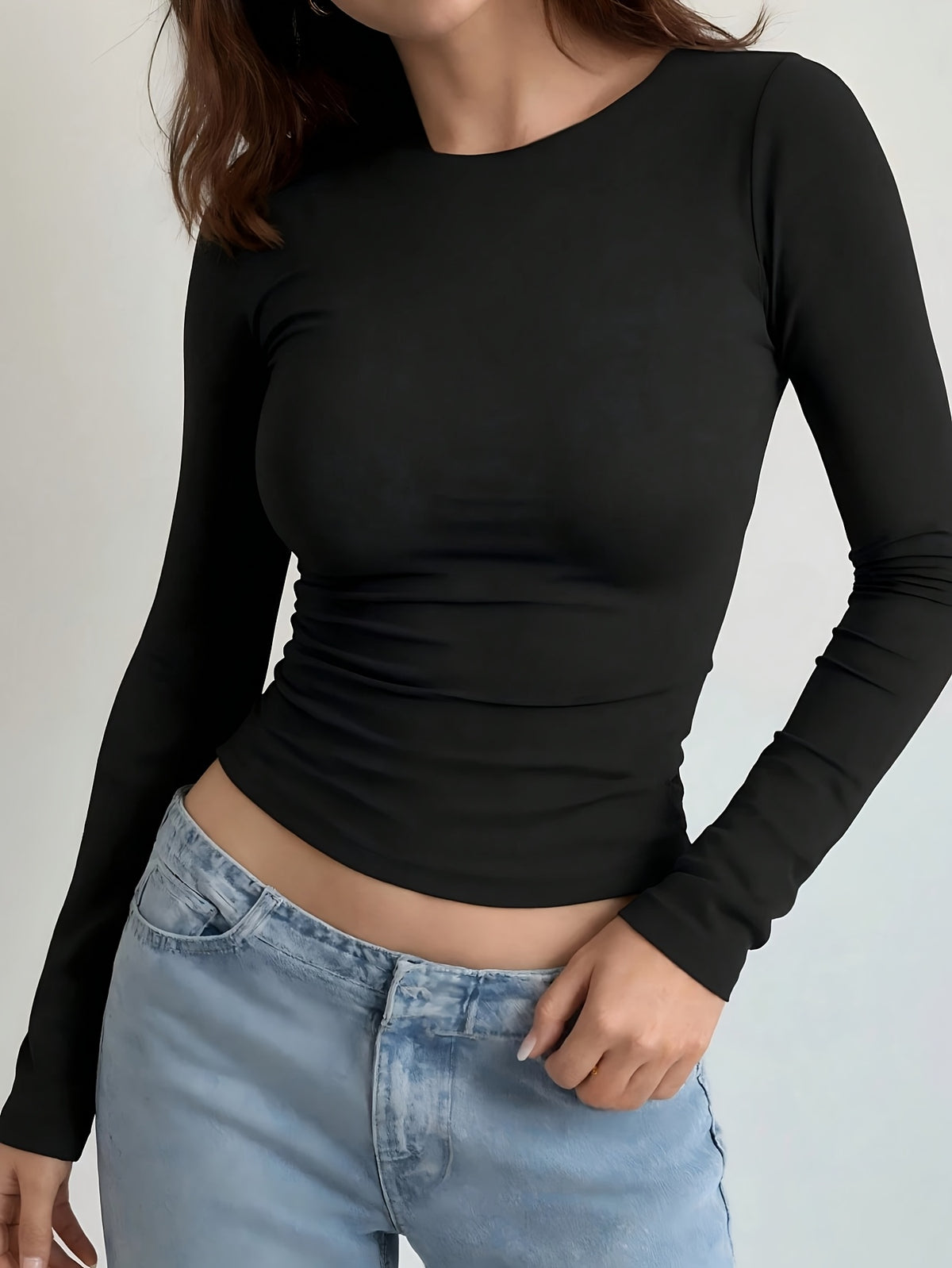 Women'S Solid Slim Fit Round Neck Long Sleeve T-Shirt - Black