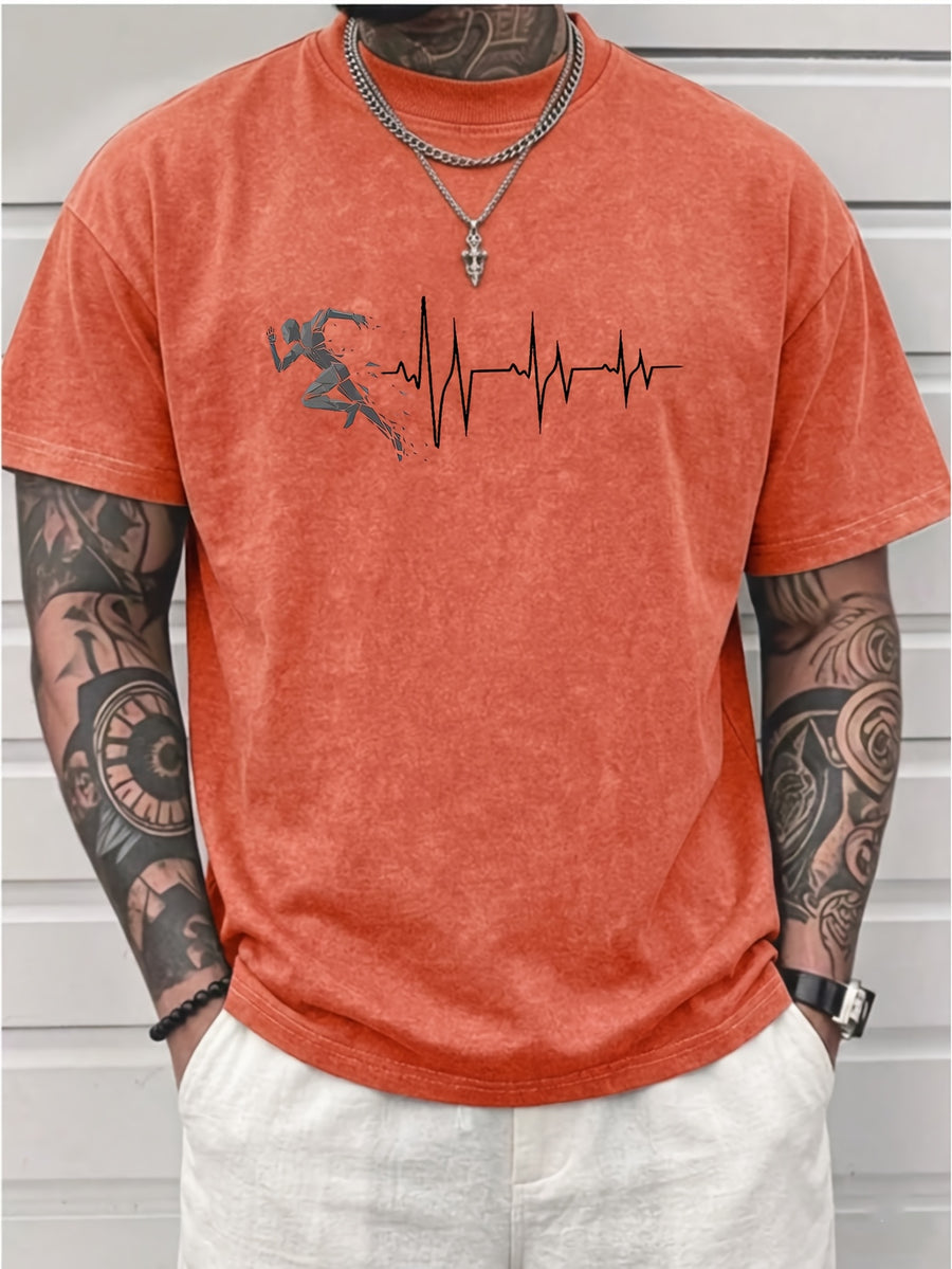 Men's Washed Short-Sleeve T-Shirt, Made of Pure Cotton Fabric That Is Breathable and Skin-friendly. The Relaxed Fit Is Comfortable and Versatile. Features a Creative Print of a Runner on the Front + EKG, Combining Athletic Passion with the Rhythm - Orange
