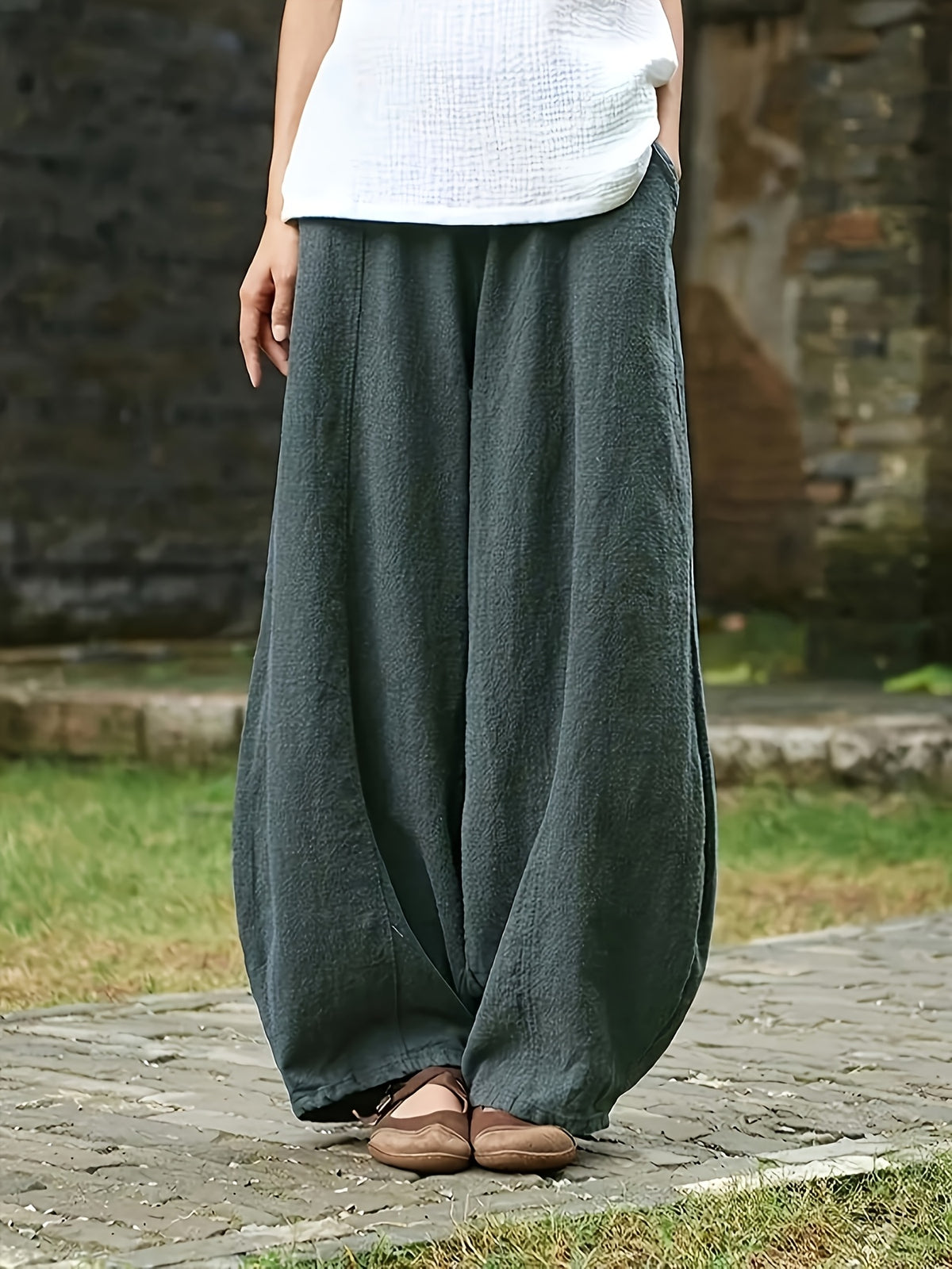 Plus Size Oversized Pocket Design Loose Straight-Leg Pants, Solid Color Minimalist Fashion Style, Suitable for Summer And Spring Wear - Dark Green