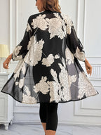 Women's New Spring/Summer Floral Print Roll-Up Sleeve Loose Fit Mid-Length Shirt with Front Buttons, a Stylish and Elegant Everyday Black Floral Print Commuter Versatile Casual Top, Suitable for Travel, Vacation, Office, and Daily Wear - Black