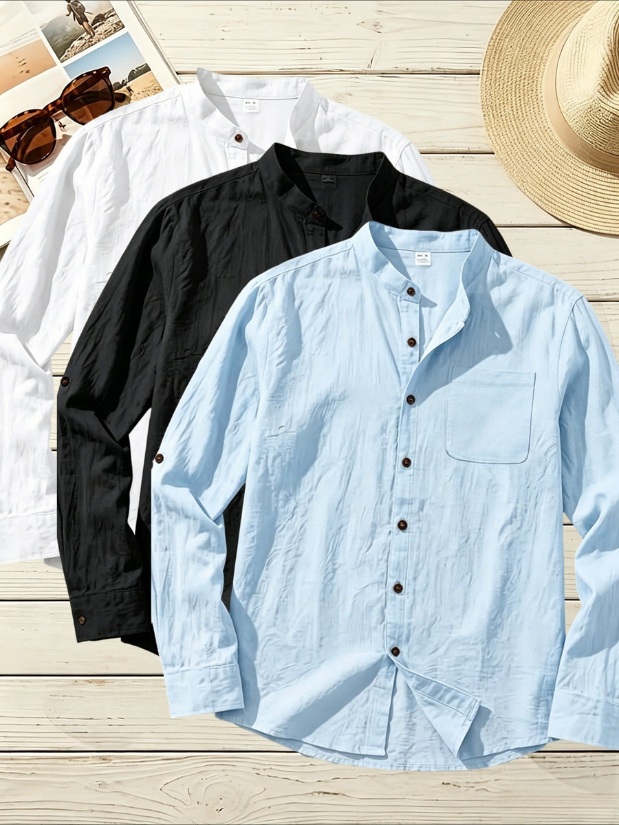 3pcs Men's Stand Collar Long Sleeve Linen Shirt for Travel, Vacation, Shopping, and Work Wear, Lightweight, Breathable, and Anti-Stuffy, Casual Relaxed Style, Spring/Summer Loose Straight Fit, Roll-Up Sleeve Design with Chest Pocket, Multiple Colors - Black+White+Blue